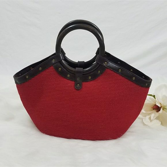 Red Straw Purse Round Wooden Handles 3 Pockets - Picture 2 of 8